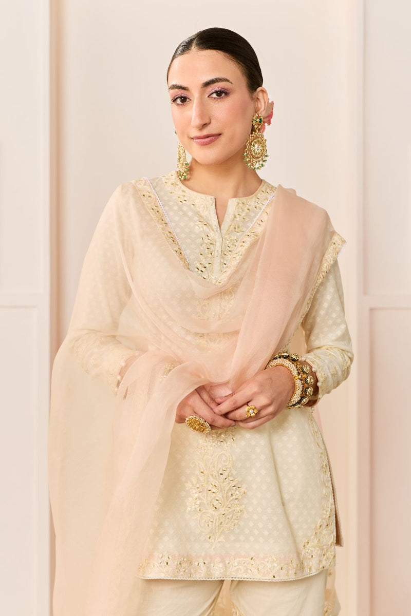 YASNEEN -DAISY IVORY SHORT KURTA WITH GARARA AND DUPATTA chanderi silk kurta/kurta set by SHEETAL BATRA in daisy ivory with carnation pink for women in Singapore
