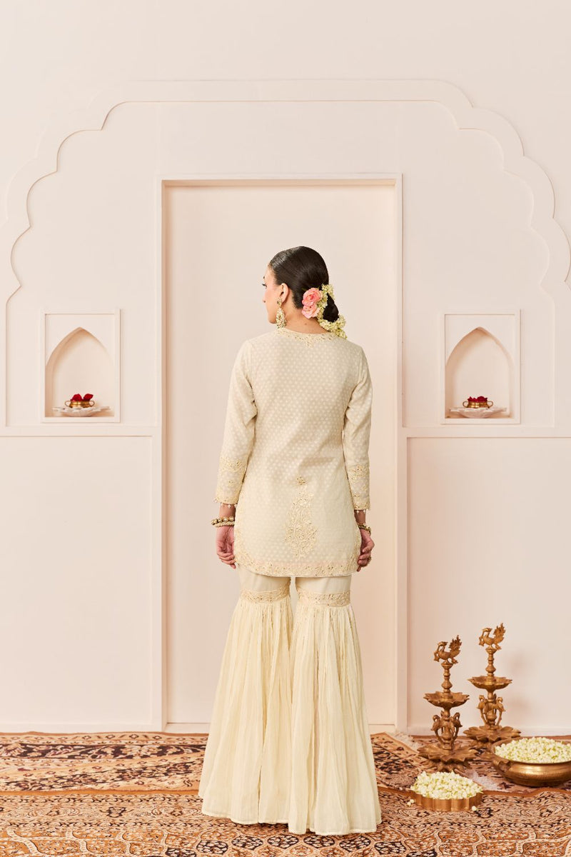 YASNEEN -DAISY IVORY SHORT KURTA WITH GARARA AND DUPATTA chanderi silk kurta/kurta set by SHEETAL BATRA in daisy ivory with carnation pink for women in Singapore