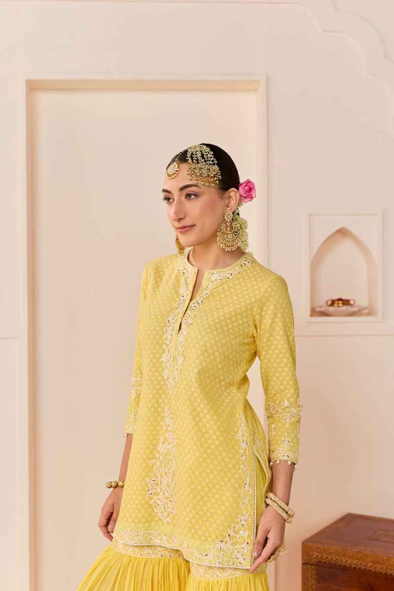YASNEEN - LEMON YELLOW SHORT KURTA WITH GARARA AND DUPATTA chanderi silk kurta/kurta set by SHEETAL BATRA in lemon yellow with mint green for women in Singapore