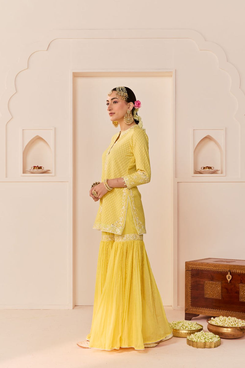 YASNEEN - LEMON YELLOW SHORT KURTA WITH GARARA AND DUPATTA chanderi silk kurta/kurta set by SHEETAL BATRA in lemon yellow with mint green for women in Singapore