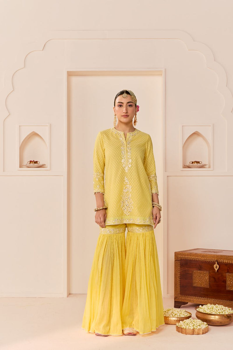 YASNEEN - LEMON YELLOW SHORT KURTA WITH GARARA AND DUPATTA chanderi silk kurta/kurta set by SHEETAL BATRA in lemon yellow with mint green for women in Singapore