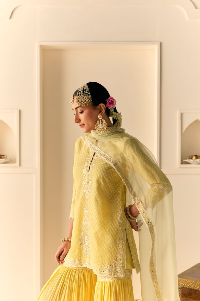 YASNEEN - LEMON YELLOW SHORT KURTA WITH GARARA AND DUPATTA chanderi silk kurta/kurta set by SHEETAL BATRA in lemon yellow with mint green for women in Singapore