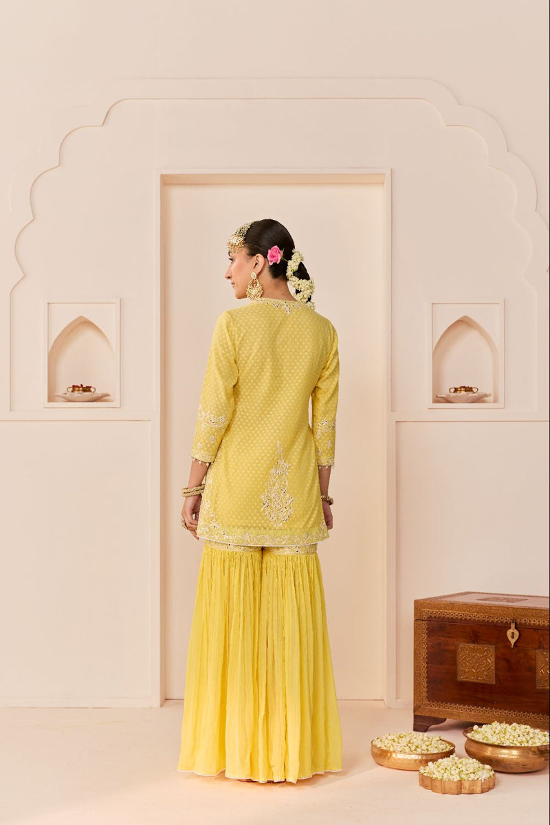 YASNEEN - LEMON YELLOW SHORT KURTA WITH GARARA AND DUPATTA chanderi silk kurta/kurta set by SHEETAL BATRA in lemon yellow with mint green for women in Singapore