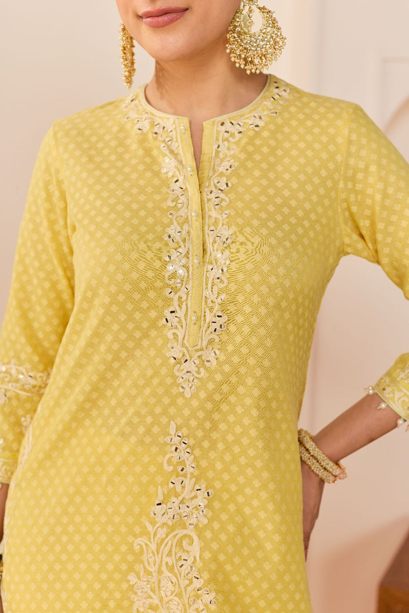 YASNEEN - LEMON YELLOW SHORT KURTA WITH GARARA AND DUPATTA chanderi silk kurta/kurta set by SHEETAL BATRA in lemon yellow with mint green for women in Singapore