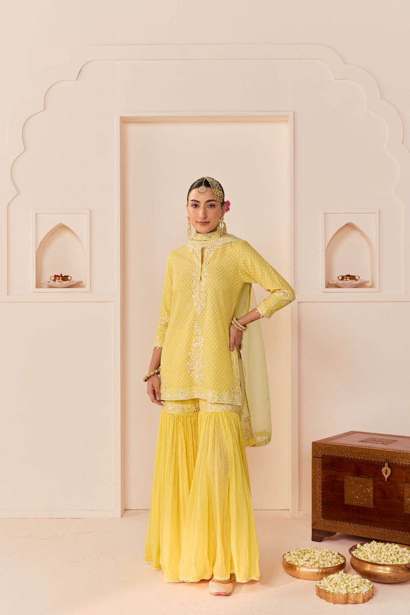 YASNEEN - LEMON YELLOW SHORT KURTA WITH GARARA AND DUPATTA chanderi silk kurta/kurta set by SHEETAL BATRA in lemon yellow with mint green for women in Singapore