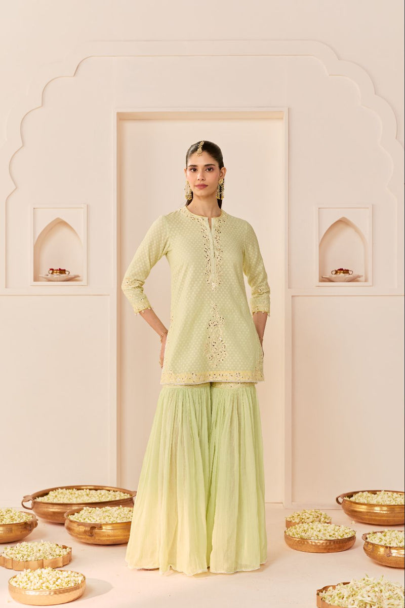 YASNEEN - MINT GREEN SHORT KURTA WITH GARARA AND DUPATTA chanderi silk kurta/kurta set by SHEETAL BATRA in mint green with lemon yellow for women in Singapore