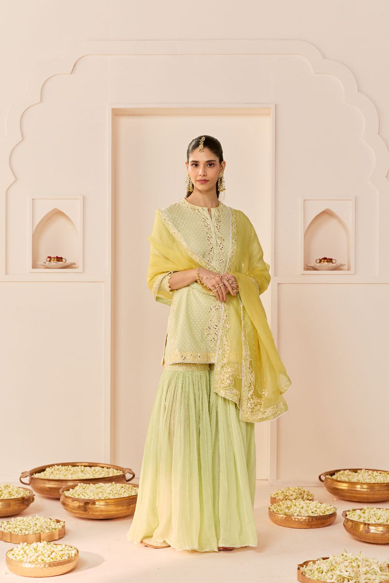 YASNEEN - MINT GREEN SHORT KURTA WITH GARARA AND DUPATTA chanderi silk kurta/kurta set by SHEETAL BATRA in mint green with lemon yellow for women in Singapore