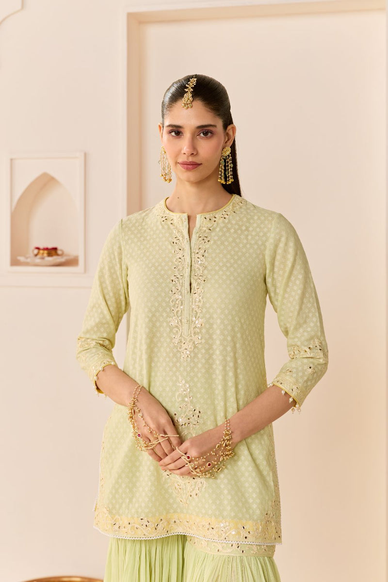YASNEEN - MINT GREEN SHORT KURTA WITH GARARA AND DUPATTA chanderi silk kurta/kurta set by SHEETAL BATRA in mint green with lemon yellow for women in Singapore