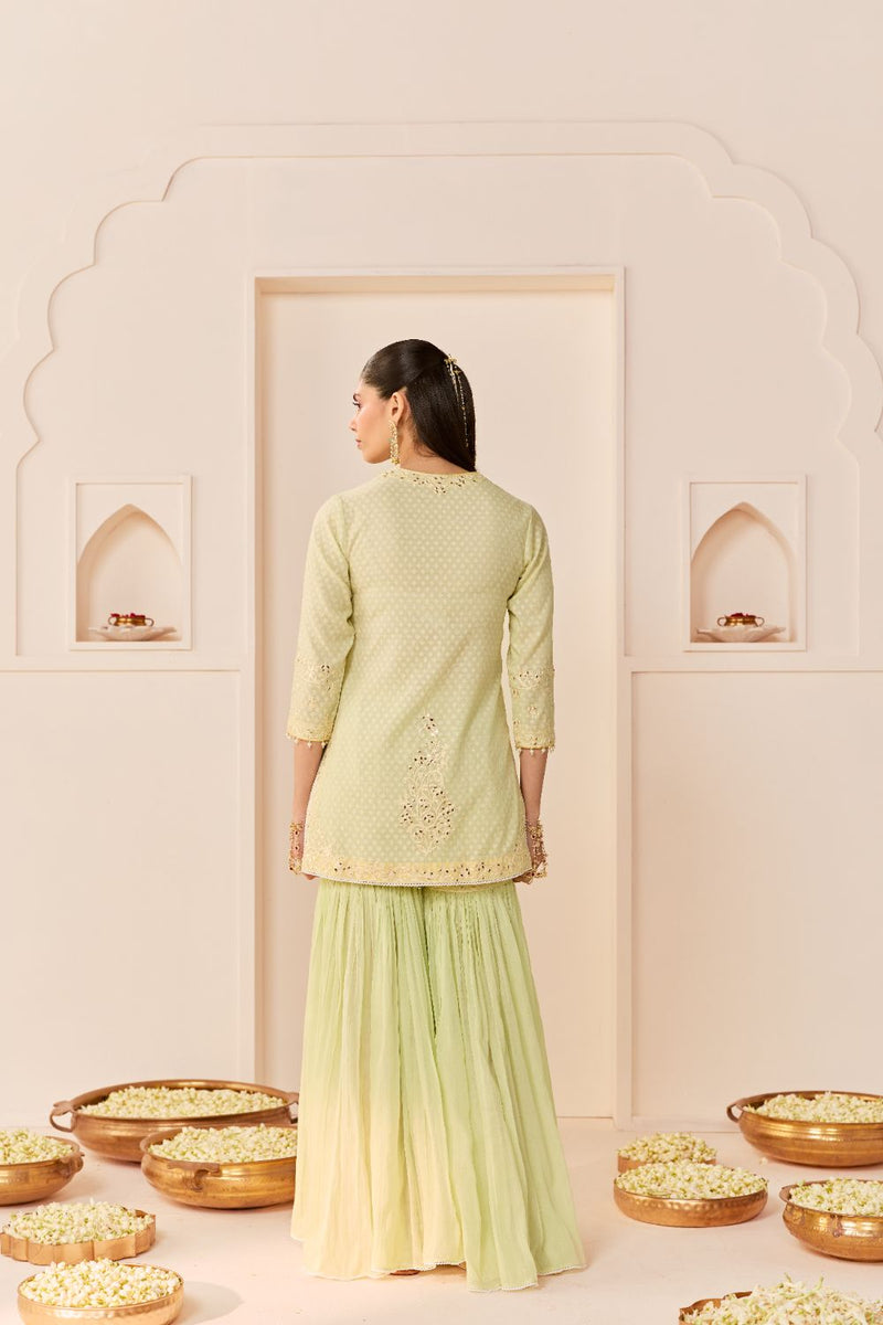 YASNEEN - MINT GREEN SHORT KURTA WITH GARARA AND DUPATTA chanderi silk kurta/kurta set by SHEETAL BATRA in mint green with lemon yellow for women in Singapore