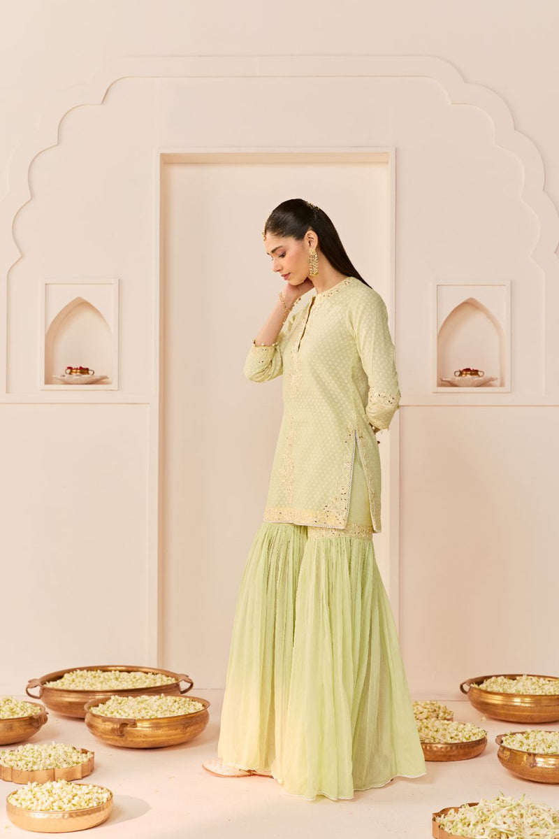 YASNEEN - MINT GREEN SHORT KURTA WITH GARARA AND DUPATTA chanderi silk kurta/kurta set by SHEETAL BATRA in mint green with lemon yellow for women in Singapore