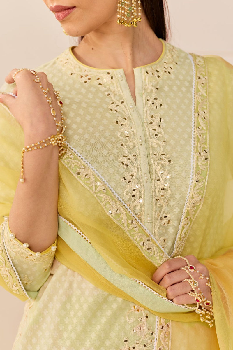 YASNEEN - MINT GREEN SHORT KURTA WITH GARARA AND DUPATTA chanderi silk kurta/kurta set by SHEETAL BATRA in mint green with lemon yellow for women in Singapore