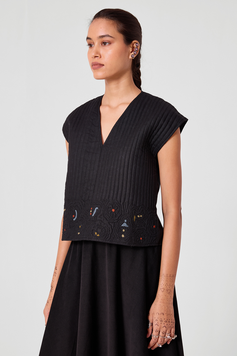 Yamika Black Quilted Embroidered Top