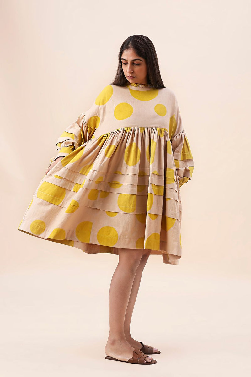 Yellow Hand Block Printed Polka Avira Dress cotton by Mati in yellow color for women in Singapore