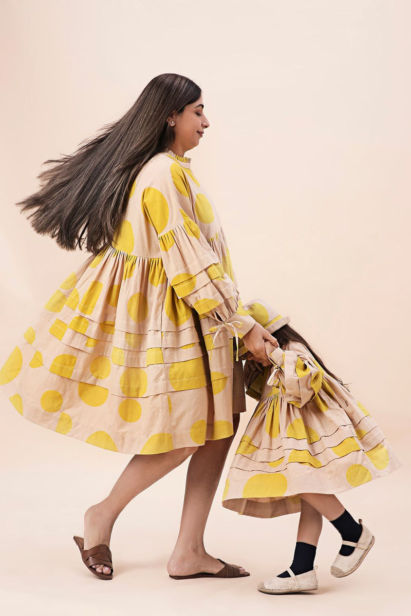 Yellow Hand Block Printed Polka Avira Dress cotton by Mati in yellow color for women in Singapore