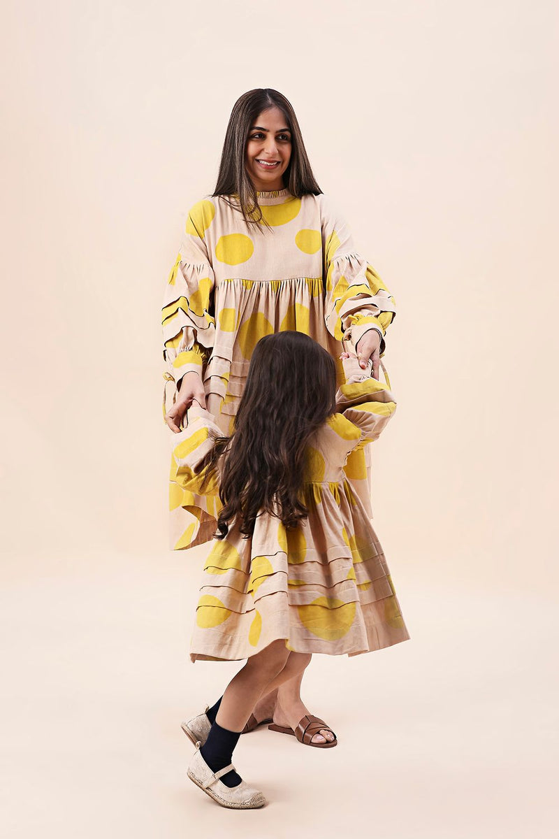 Yellow Hand Block Printed Polka Avira Dress cotton by Mati in yellow color for women in Singapore