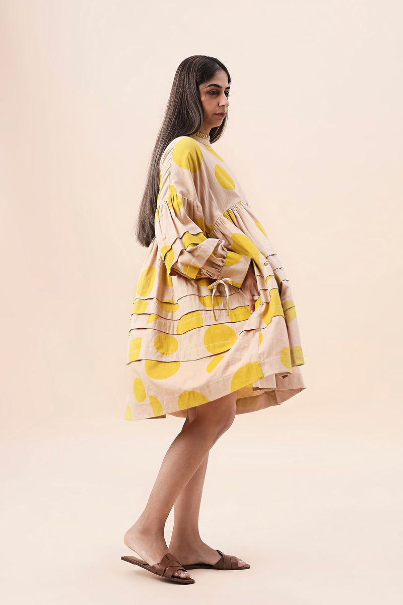 Yellow Hand Block Printed Polka Avira Dress cotton by Mati in yellow color for women in Singapore