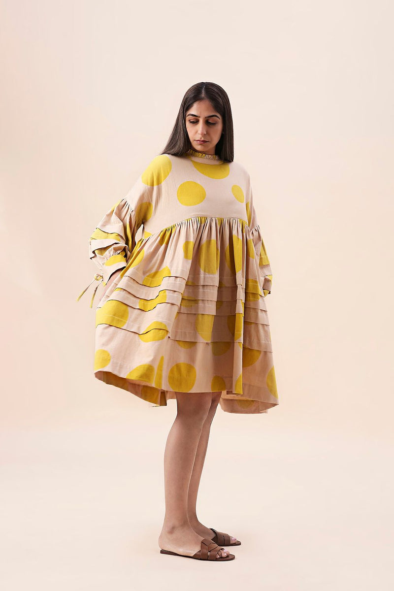 Yellow Hand Block Printed Polka Avira Dress cotton by Mati in yellow color for women in Singapore