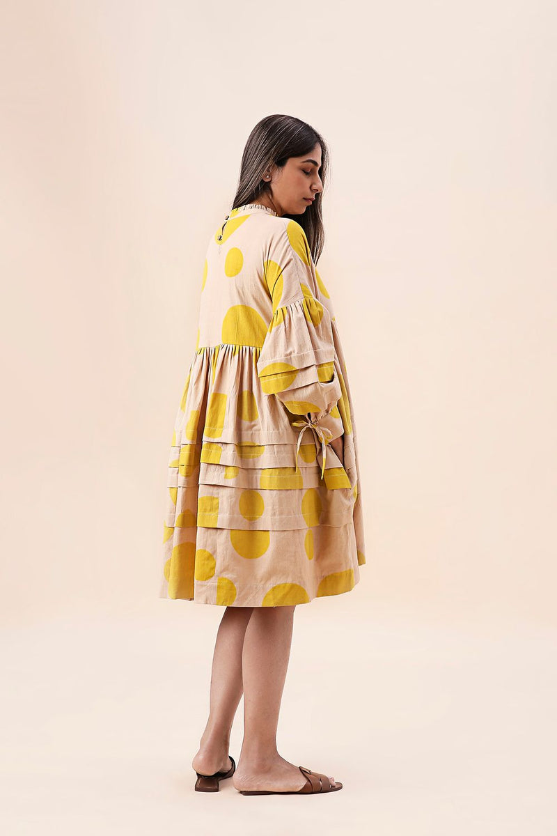 Yellow Hand Block Printed Polka Avira Dress cotton by Mati in yellow color for women in Singapore