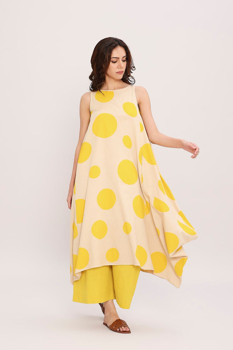 Yellow Hand Block Printed Polka Vari Co-ord Set (2 PCS) cotton by Mati in yellow color for women in Singapore