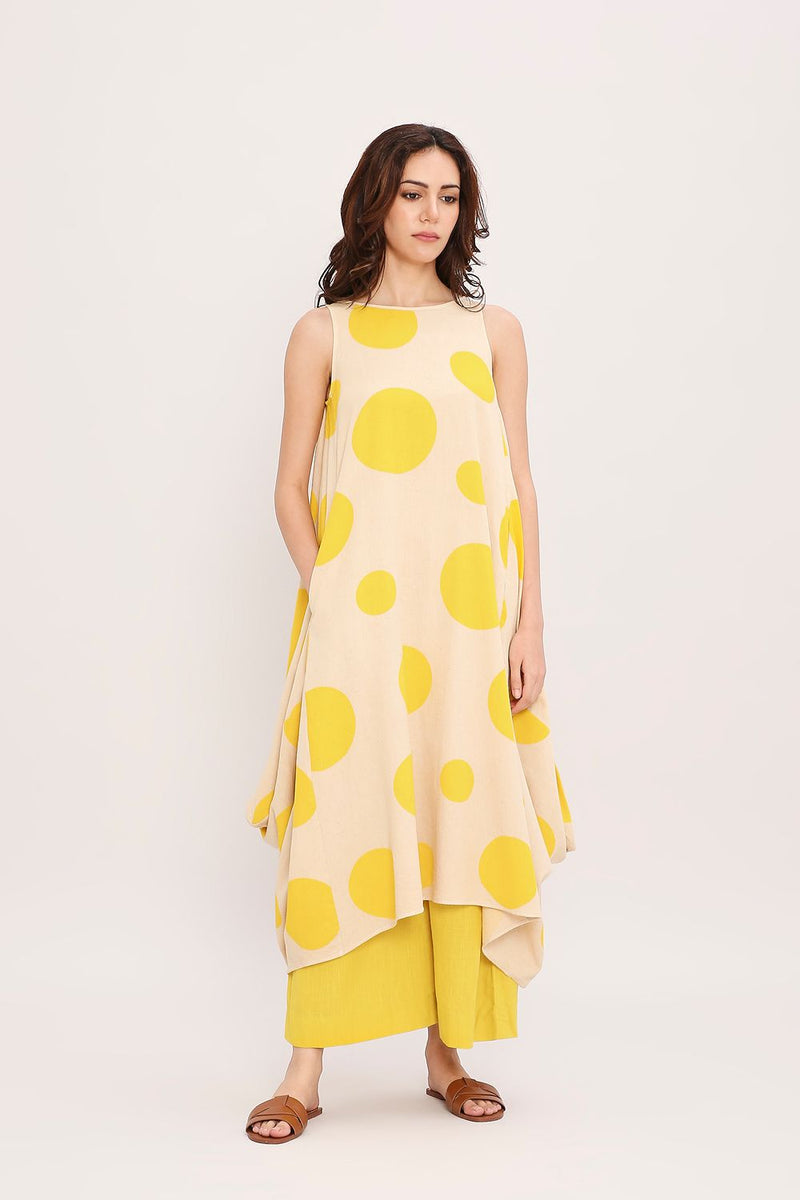 Yellow Hand Block Printed Polka Vari Co-ord Set (2 PCS) cotton by Mati in yellow color for women in Singapore