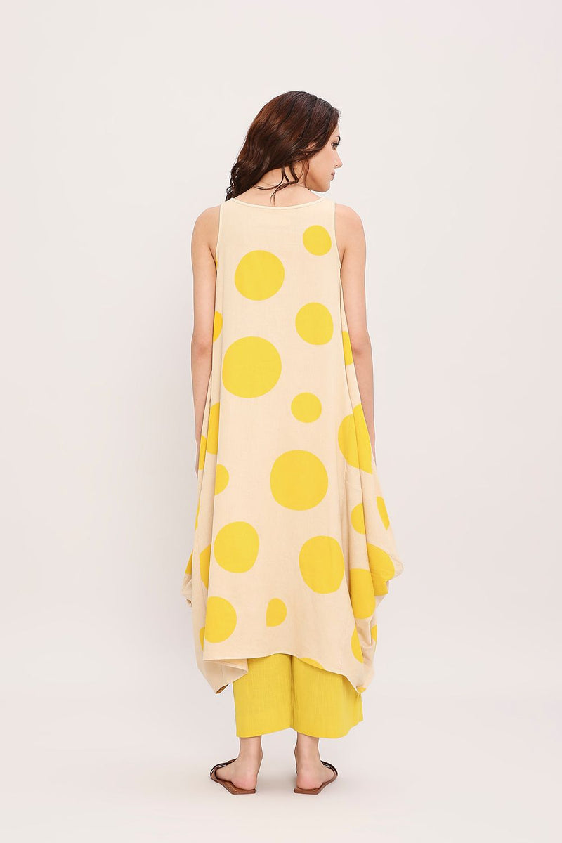 Yellow Hand Block Printed Polka Vari Co-ord Set (2 PCS) cotton by Mati in yellow color for women in Singapore