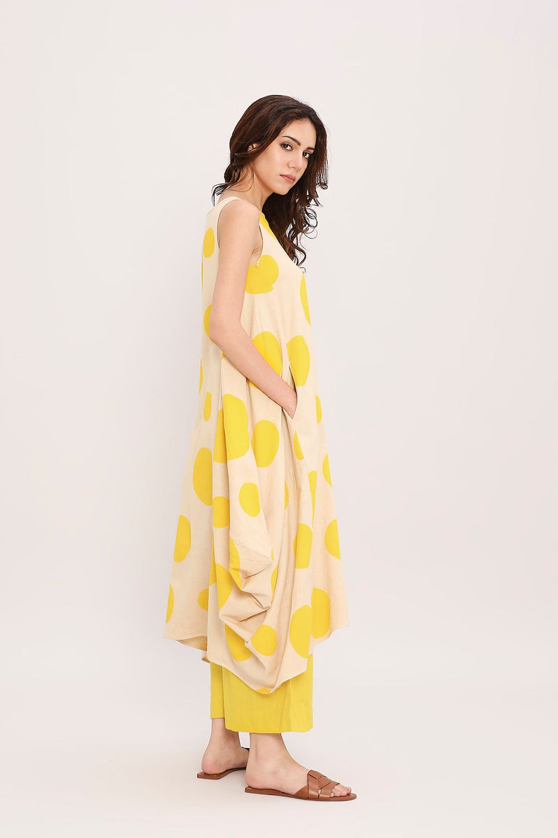 Yellow Hand Block Printed Polka Vari Co-ord Set (2 PCS) cotton by Mati in yellow color for women in Singapore