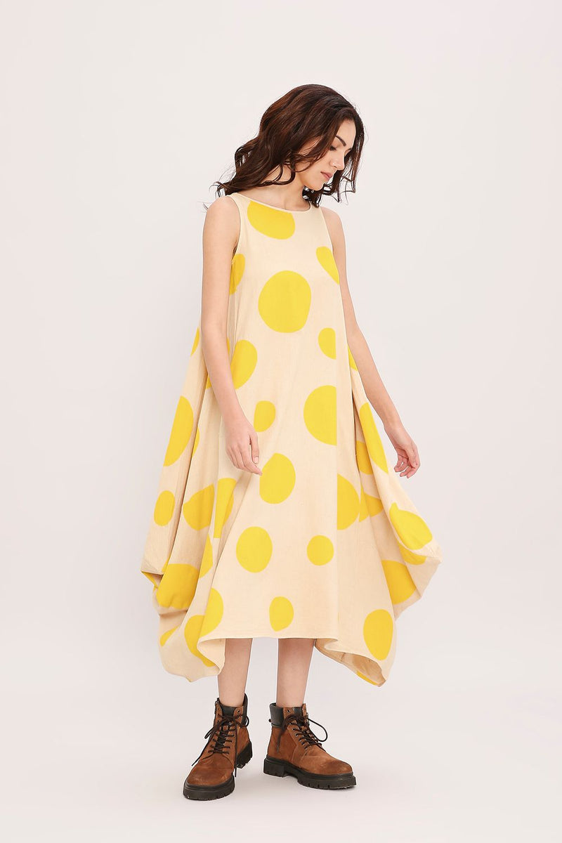 Yellow Hand Block Printed Polka Vari Dress cotton by Mati in yellow color for women in Singapore