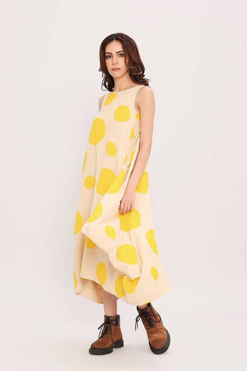 Yellow Hand Block Printed Polka Vari Dress cotton by Mati in yellow color for women in Singapore