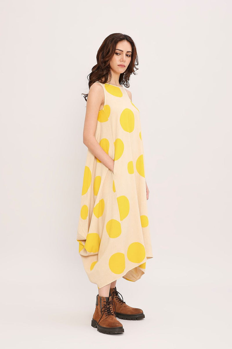 Yellow Hand Block Printed Polka Vari Dress cotton by Mati in yellow color for women in Singapore