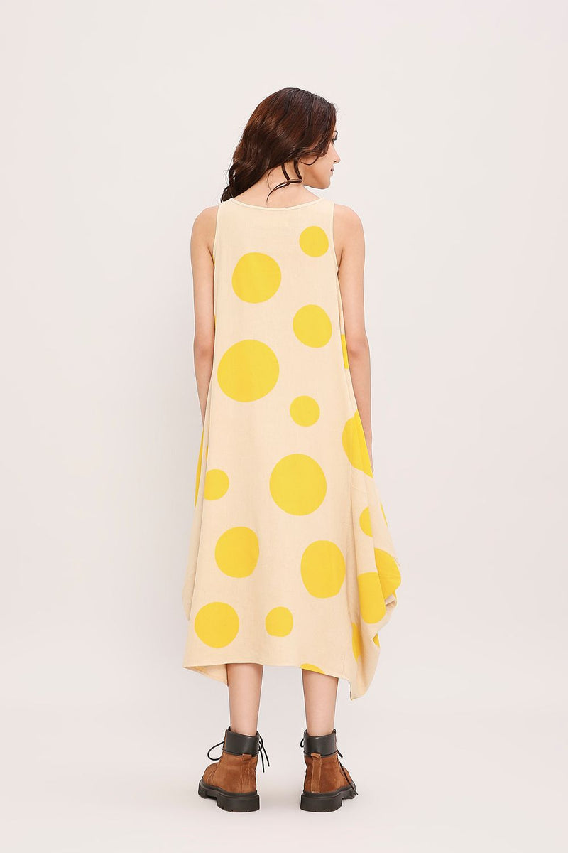 Yellow Hand Block Printed Polka Vari Dress cotton by Mati in yellow color for women in Singapore