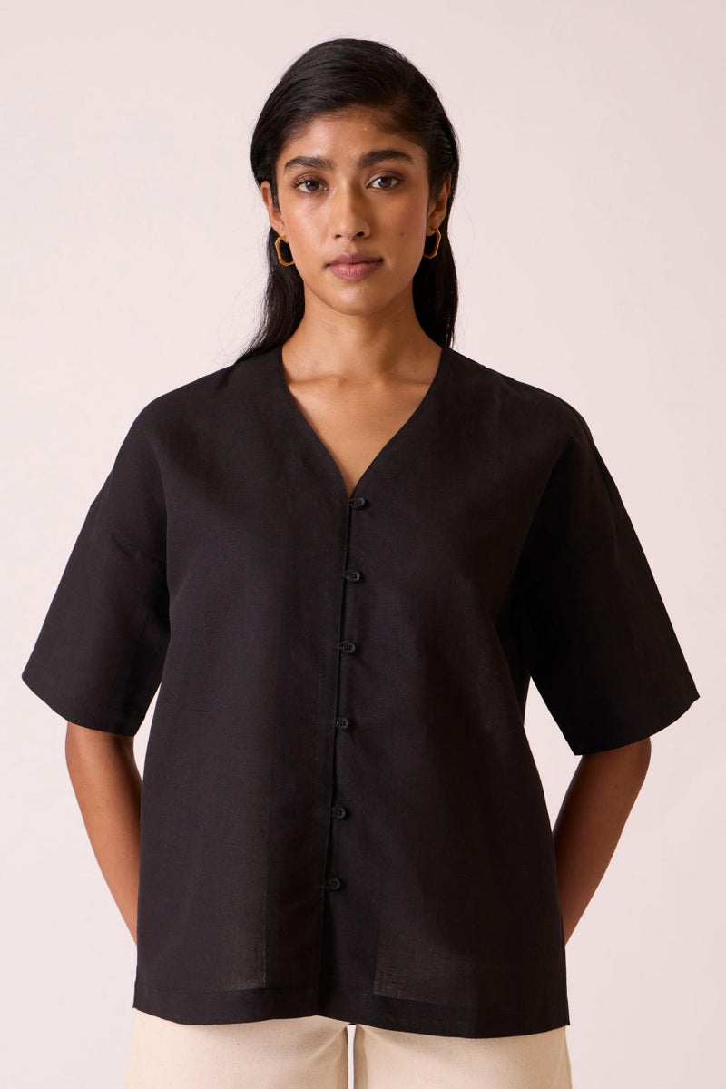Yuko Black Linen Cotton top cotton by The Summer House in black color for women in Singapore
