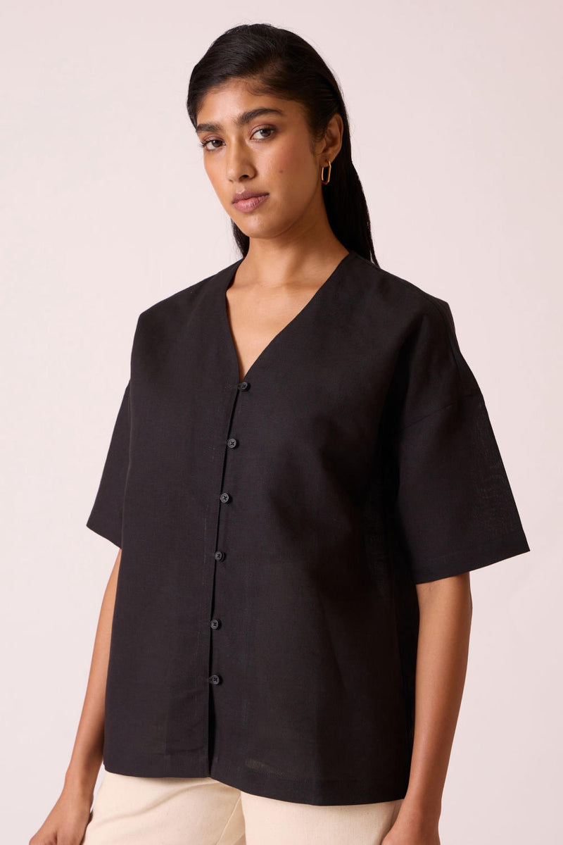 Yuko Black Linen Cotton top cotton by The Summer House in black color for women in Singapore