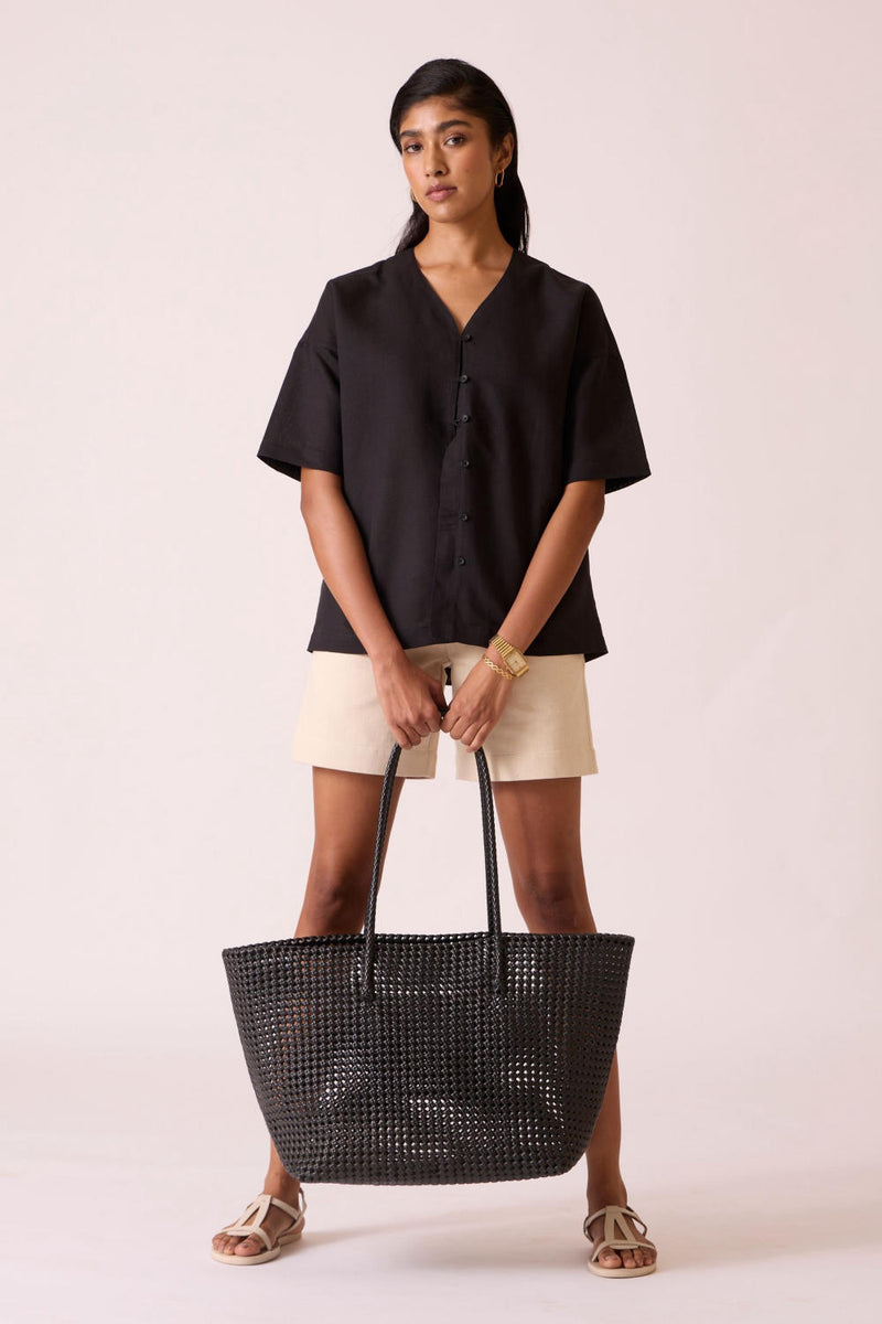 Yuko Black Linen Cotton top cotton by The Summer House in black color for women in Singapore