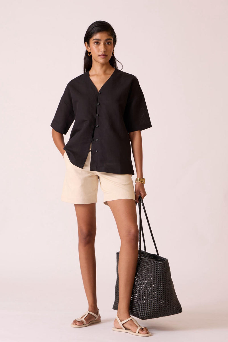 Yuko Black Linen Cotton top cotton by The Summer House in black color for women in Singapore
