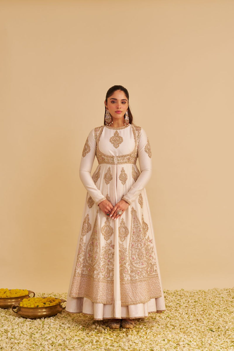 Zainah - Dabka Zardozi Embroidered Silk Daisy Ivory Anarkali Set silk by SHEETAL BATRA in ivory color for women in Singapore