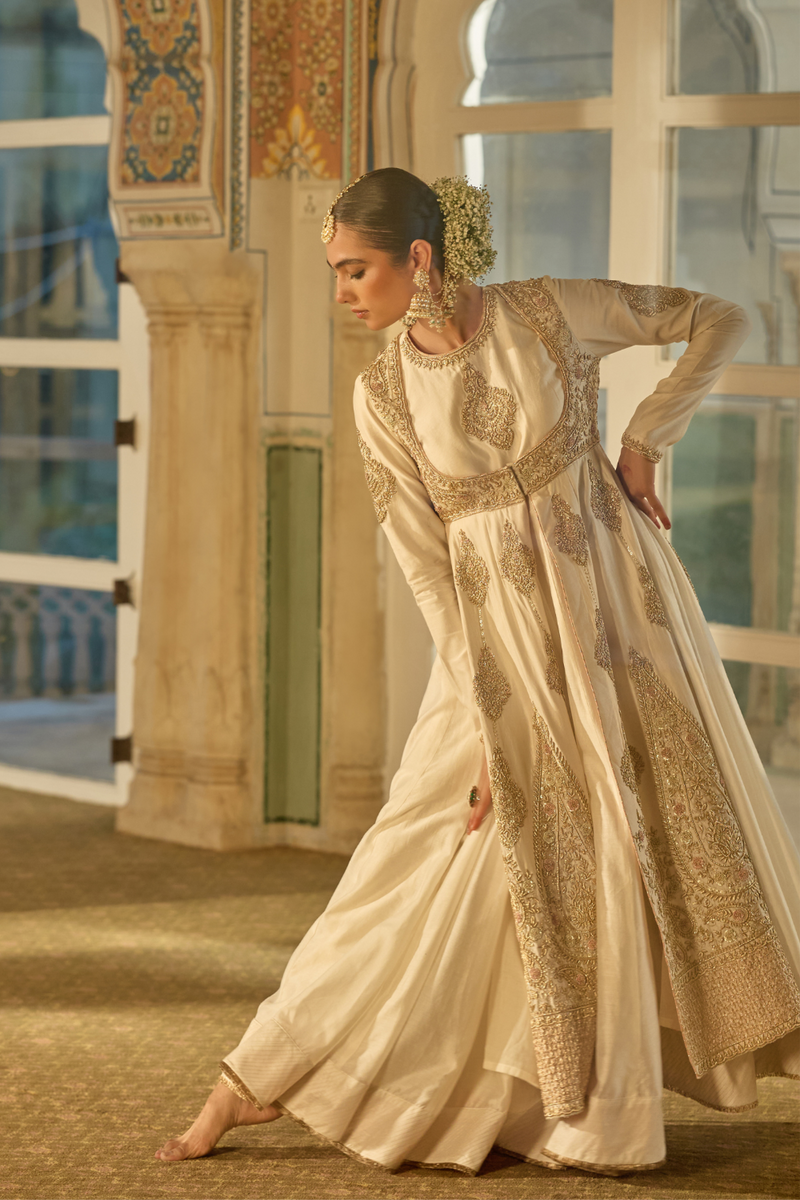 Zainah - Dabka Zardozi Embroidered Silk Daisy Ivory Anarkali Set silk by SHEETAL BATRA in ivory color for women in Singapore
