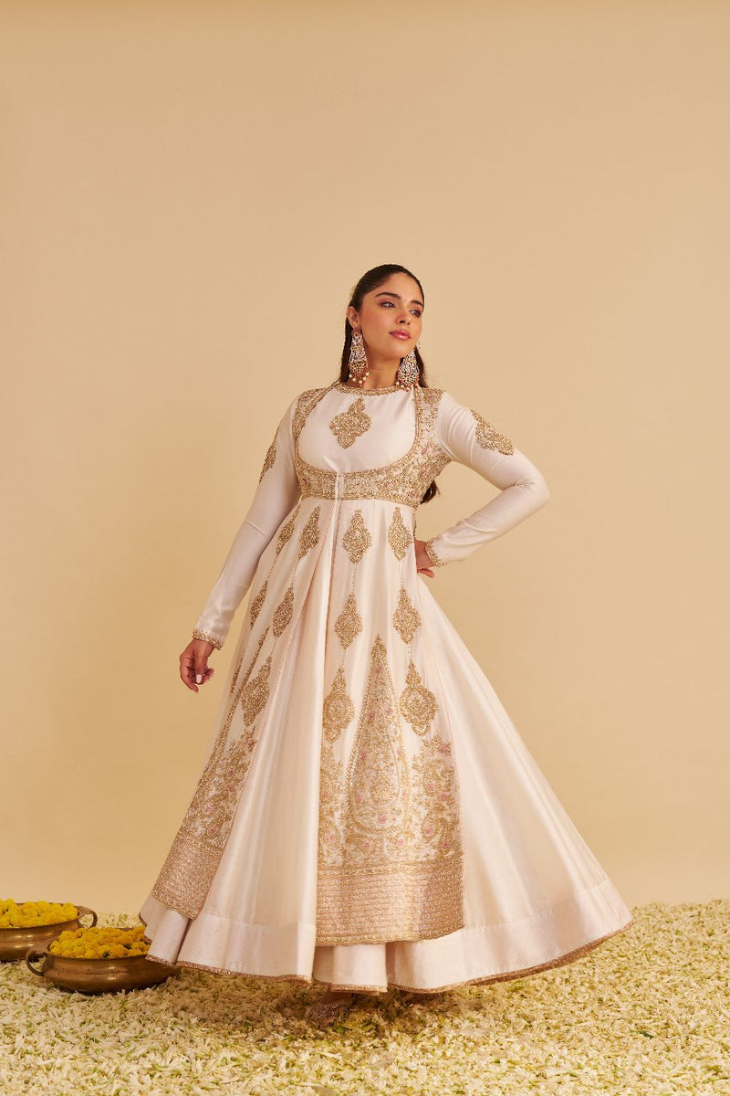 Zainah - Dabka Zardozi Embroidered Silk Daisy Ivory Anarkali Set silk by SHEETAL BATRA in ivory color for women in Singapore