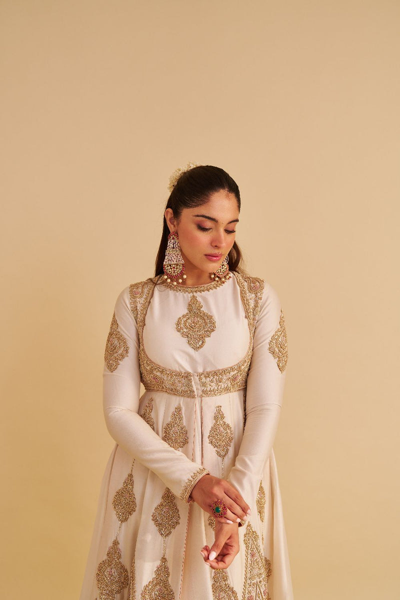 Zainah - Dabka Zardozi Embroidered Silk Daisy Ivory Anarkali Set silk by SHEETAL BATRA in ivory color for women in Singapore