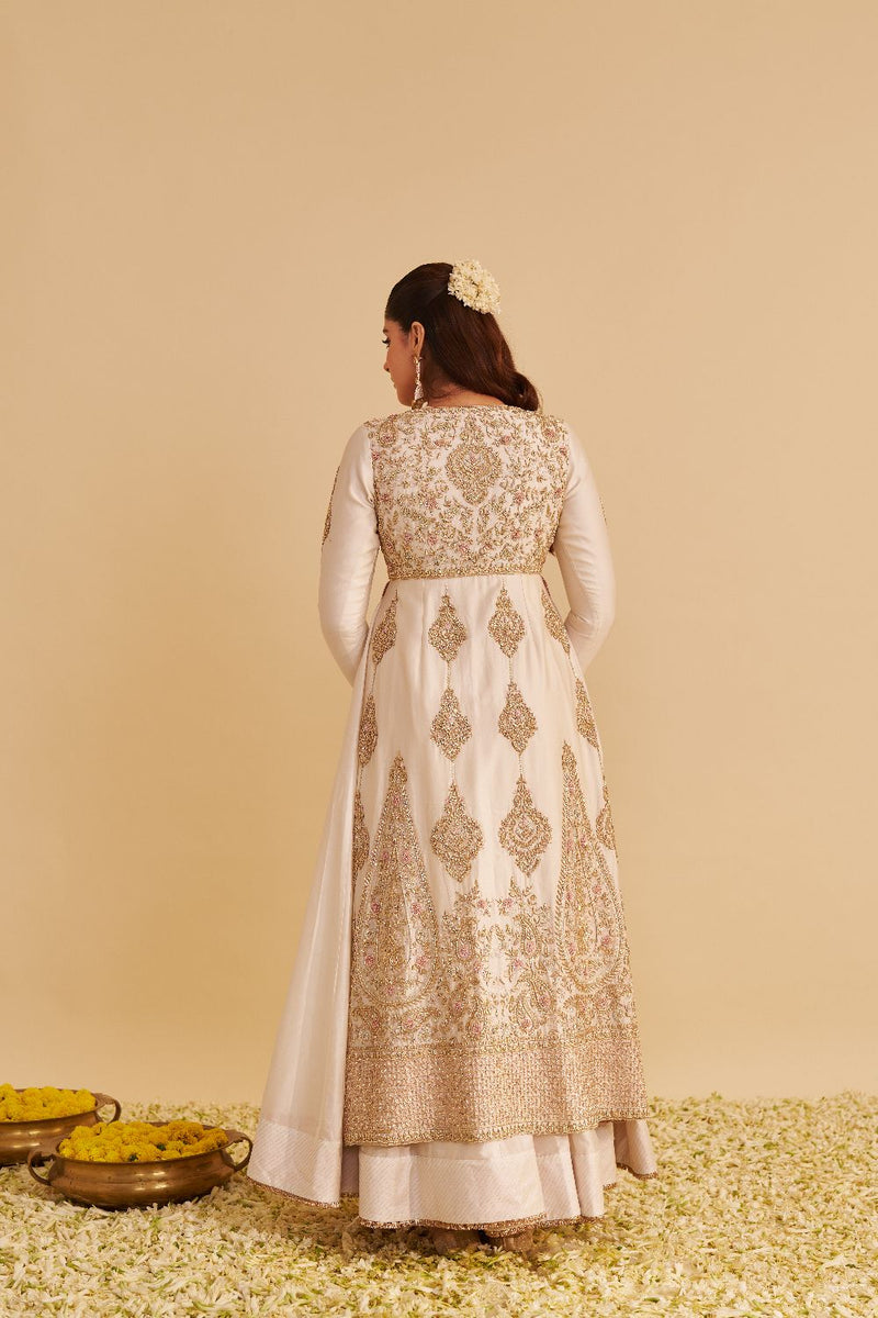 Zainah - Dabka Zardozi Embroidered Silk Daisy Ivory Anarkali Set silk by SHEETAL BATRA in ivory color for women in Singapore