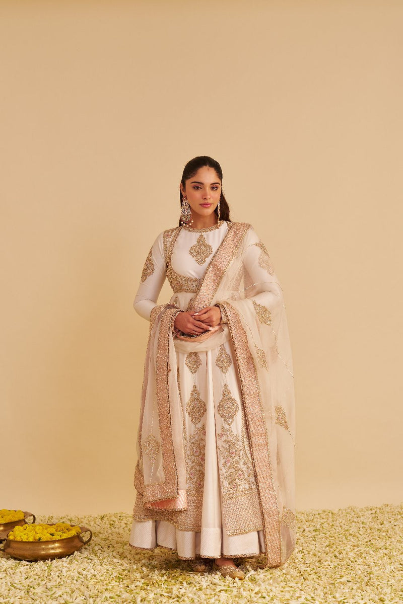 Zainah - Dabka Zardozi Embroidered Silk Daisy Ivory Anarkali Set silk by SHEETAL BATRA in ivory color for women in Singapore