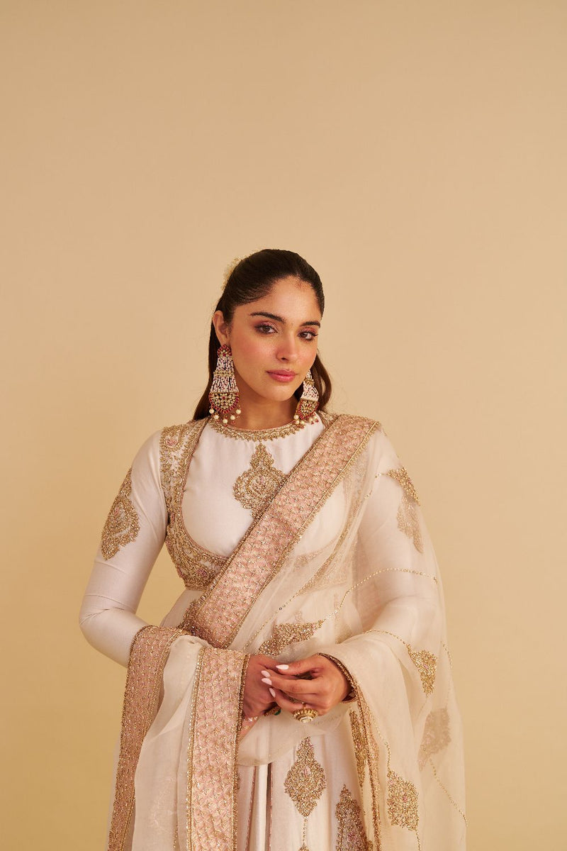 Zainah - Dabka Zardozi Embroidered Silk Daisy Ivory Anarkali Set silk by SHEETAL BATRA in ivory color for women in Singapore