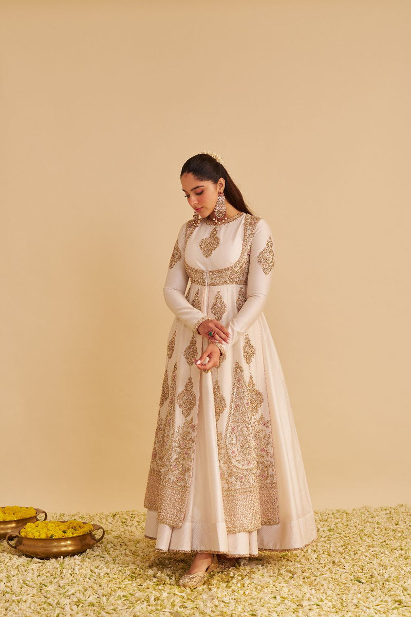 Zainah - Dabka Zardozi Embroidered Silk Daisy Ivory Anarkali Set silk by SHEETAL BATRA in ivory color for women in Singapore