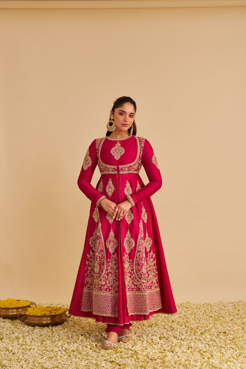 Zainah - Dabka Zardozi Embroidered Silk Hotpink Anarkali Set silk by SHEETAL BATRA in pink color for women in Singapore