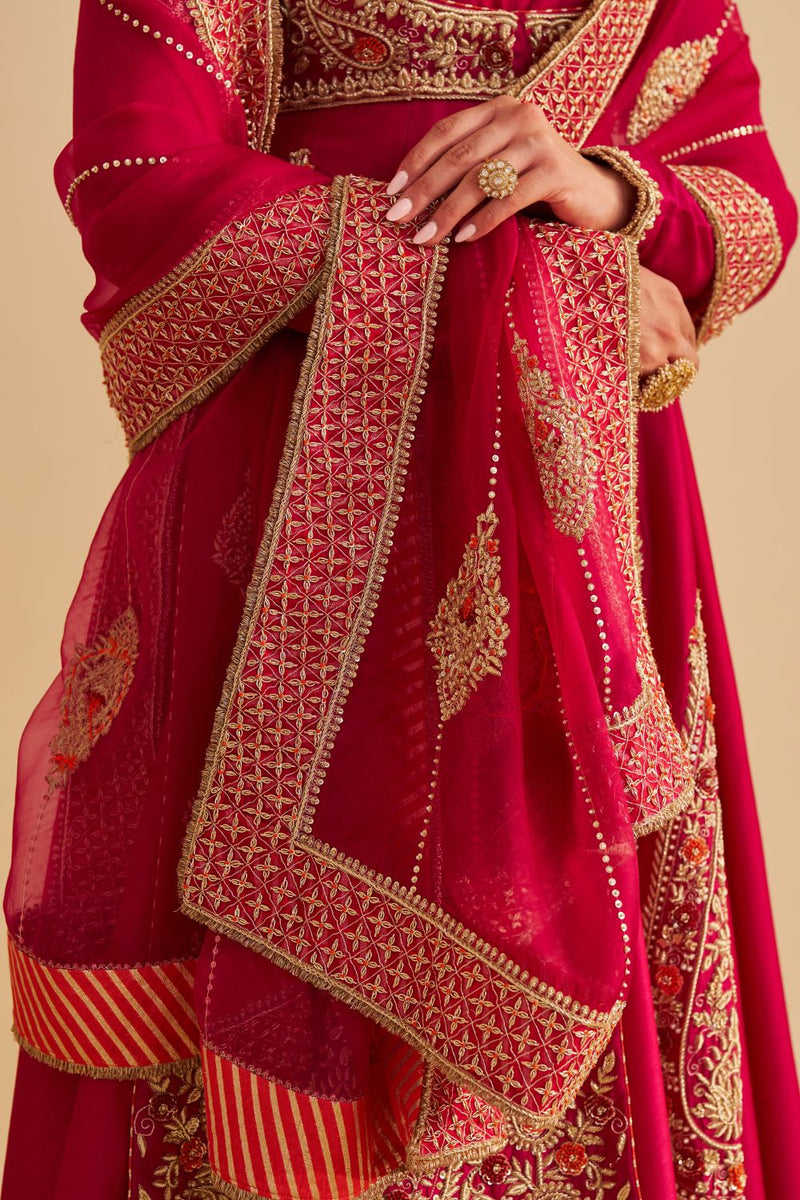 Zainah - Dabka Zardozi Embroidered Silk Hotpink Anarkali Set silk by SHEETAL BATRA in pink color for women in Singapore