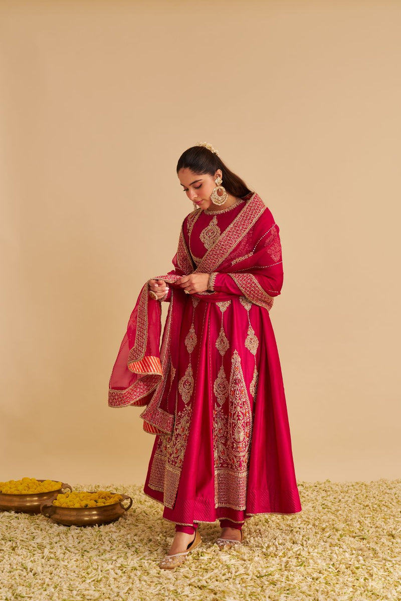 Zainah - Dabka Zardozi Embroidered Silk Hotpink Anarkali Set silk by SHEETAL BATRA in pink color for women in Singapore