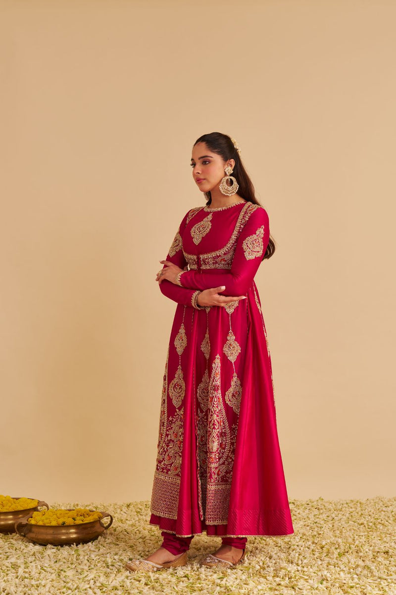 Zainah - Dabka Zardozi Embroidered Silk Hotpink Anarkali Set silk by SHEETAL BATRA in pink color for women in Singapore