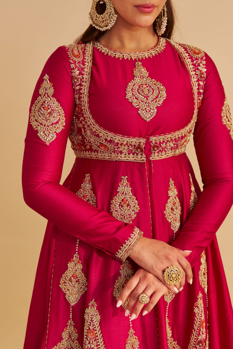 Zainah - Dabka Zardozi Embroidered Silk Hotpink Anarkali Set silk by SHEETAL BATRA in pink color for women in Singapore