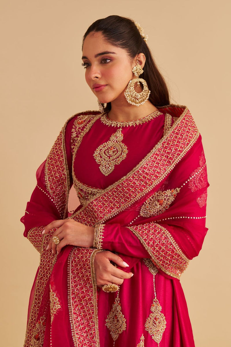 Zainah - Dabka Zardozi Embroidered Silk Hotpink Anarkali Set silk by SHEETAL BATRA in pink color for women in Singapore