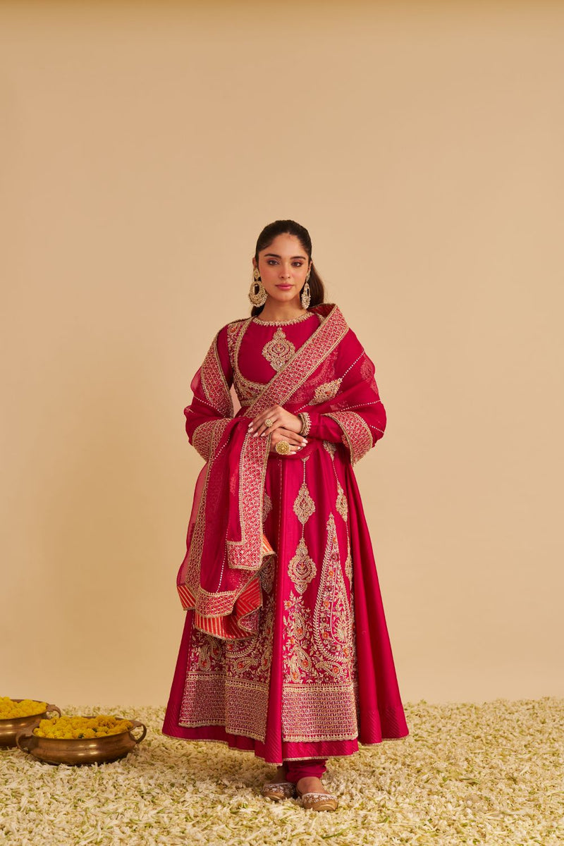 Zainah - Dabka Zardozi Embroidered Silk Hotpink Anarkali Set silk by SHEETAL BATRA in pink color for women in Singapore