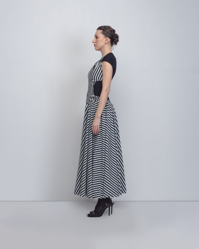 Zellus Dress - Black + White Stripes / Black cotton Buy Zellus Dress - Black + White Stripes / Black from C&W | Dresses for Women by Leh Studios in black color for women in Singapore